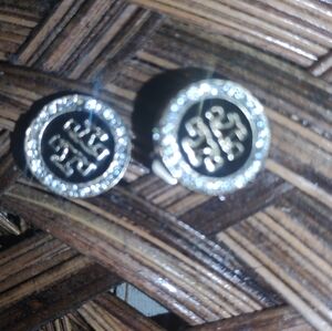TORY BURCH GOLD BLACK MILLER PAVE STUD EARRINGS NWOT
